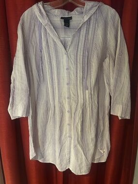 Lane Bryant Lavender and White Striped Hooded Button-Up Blouse